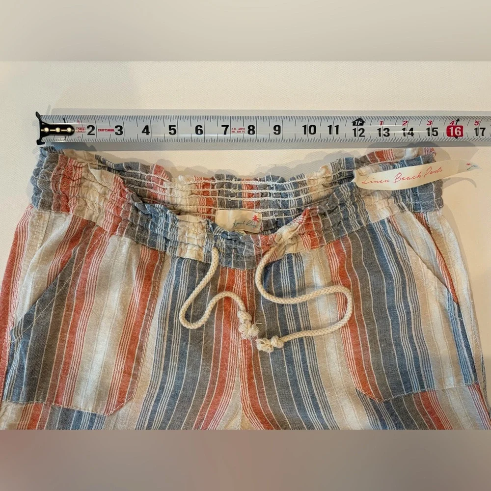April Kiss Smocked Waist Boho Linen Cotton Blend Large Beach Pants Blue Orange - Picture 8 of 14